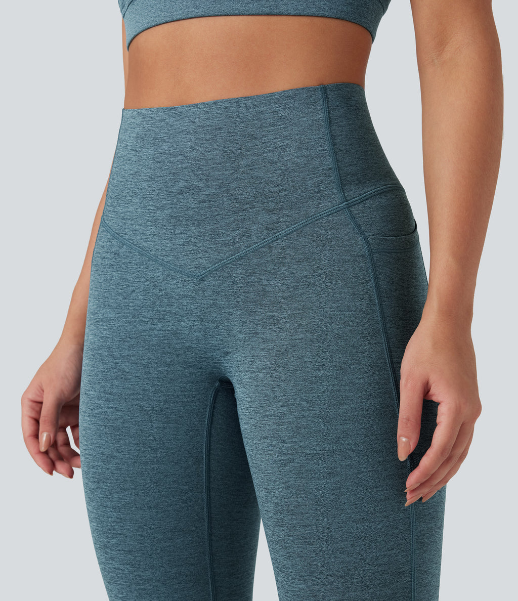 Heathered High Waisted Tummy Control Quick Dry Bootcut Yoga Leggings with Pockets — Dark Grey Mélange — view 6