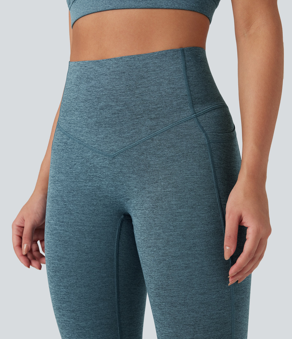 Heathered High Waisted Tummy Control Quick Dry Bootcut Yoga Leggings with Pockets — Dark Grey Mélange — view 6