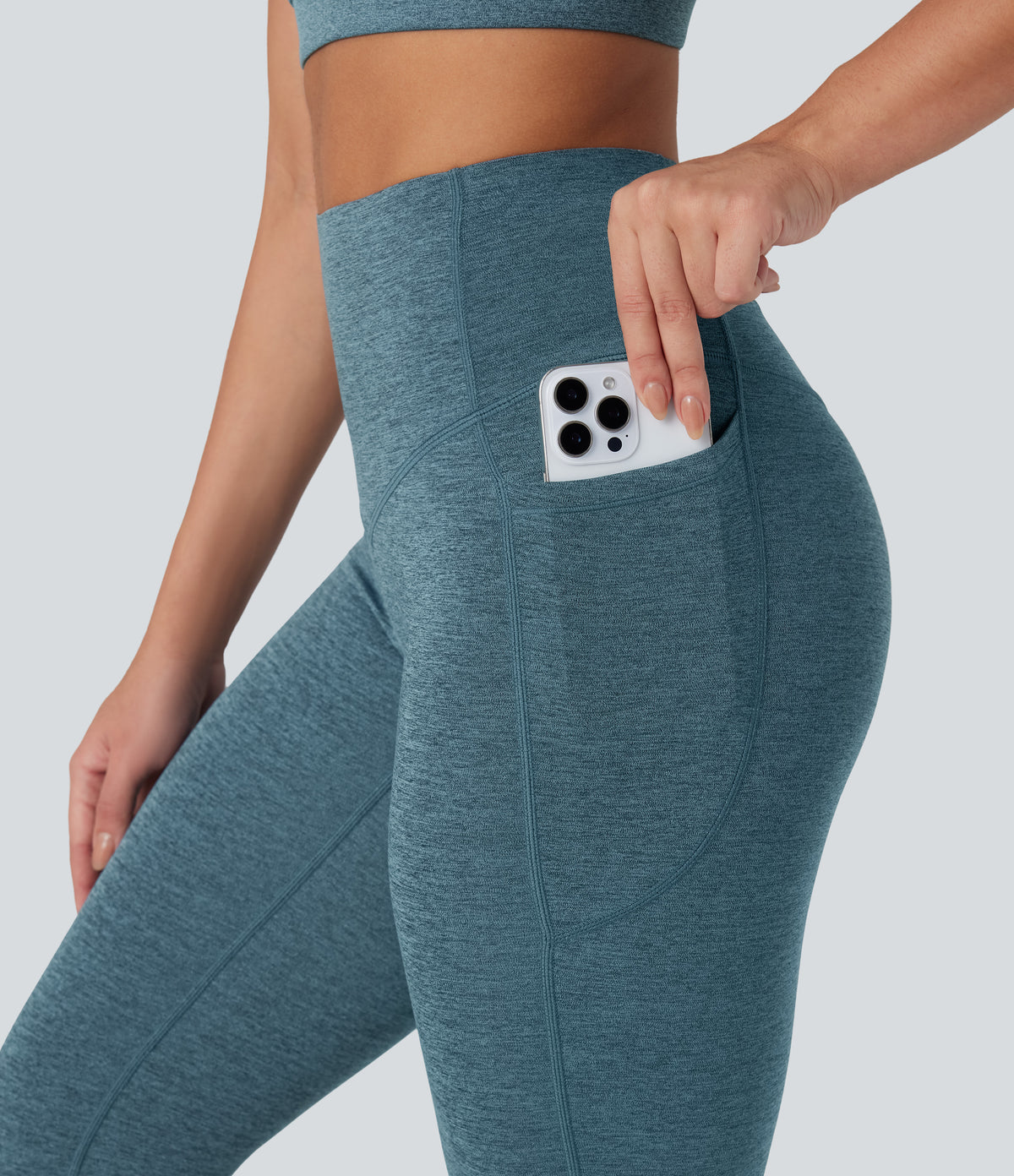 Heathered High Waisted Tummy Control Quick Dry Bootcut Yoga Leggings with Pockets — Dark Grey Mélange — view 4