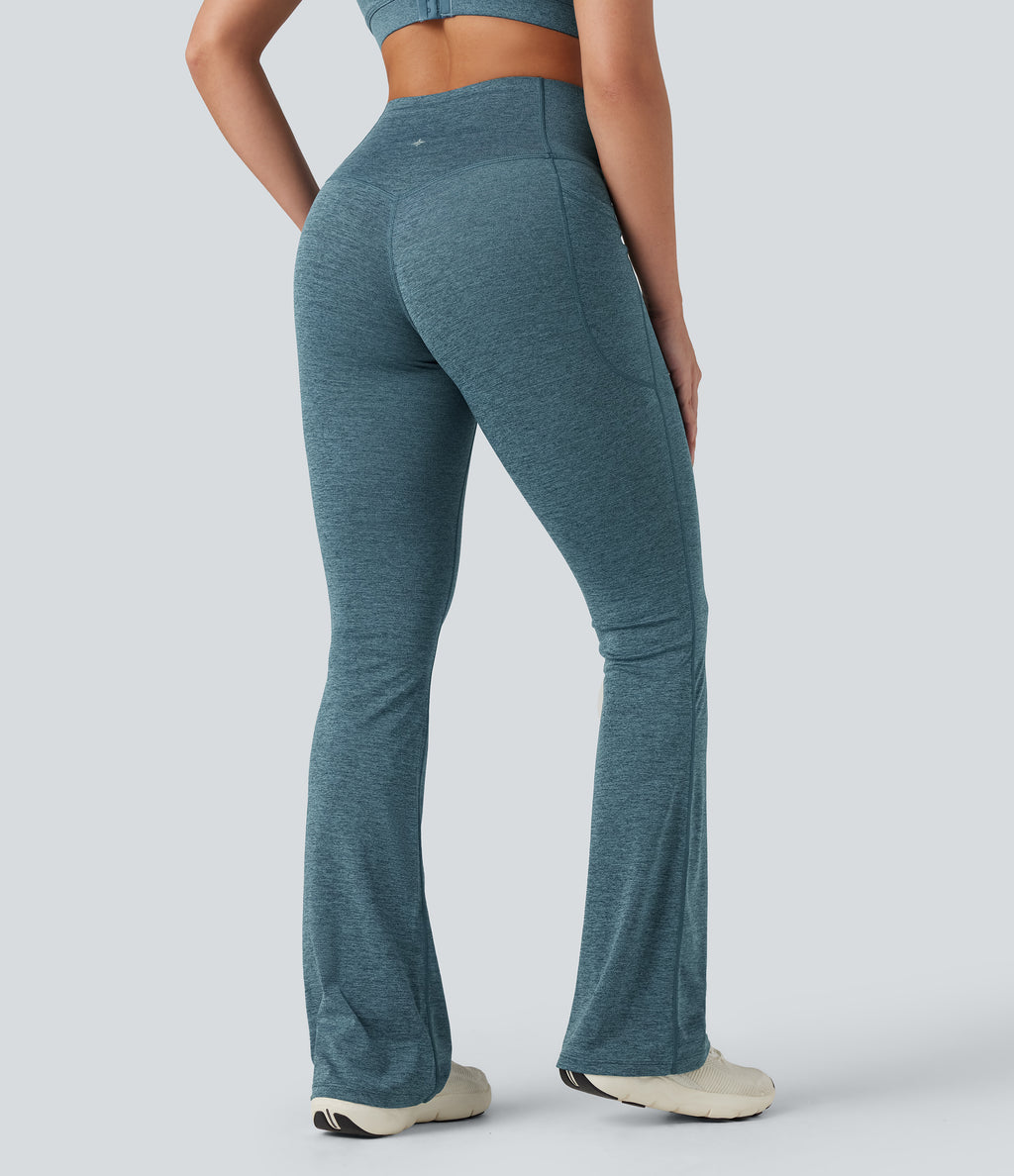 Heathered High Waisted Tummy Control Quick Dry Bootcut Yoga Leggings with Pockets — Dark Grey Mélange — view 2