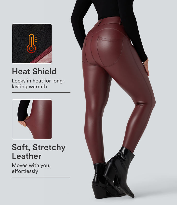 High Waisted Stretchy PU Fleece Casual Leggings with Pockets — Andorra — view 1