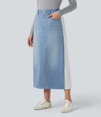 High Waisted Split Midi Color Block Denim Casual Skirt with Pockets — Powder Blue Denim — view 3