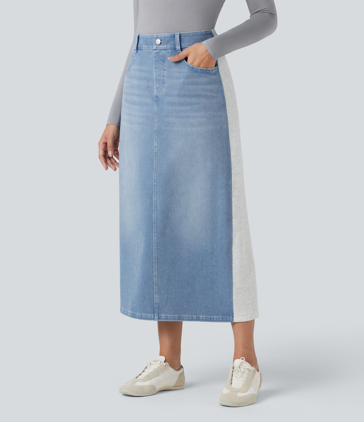 High Waisted Split Midi Color Block Denim Casual Skirt with Pockets — Powder Blue Denim — view 3