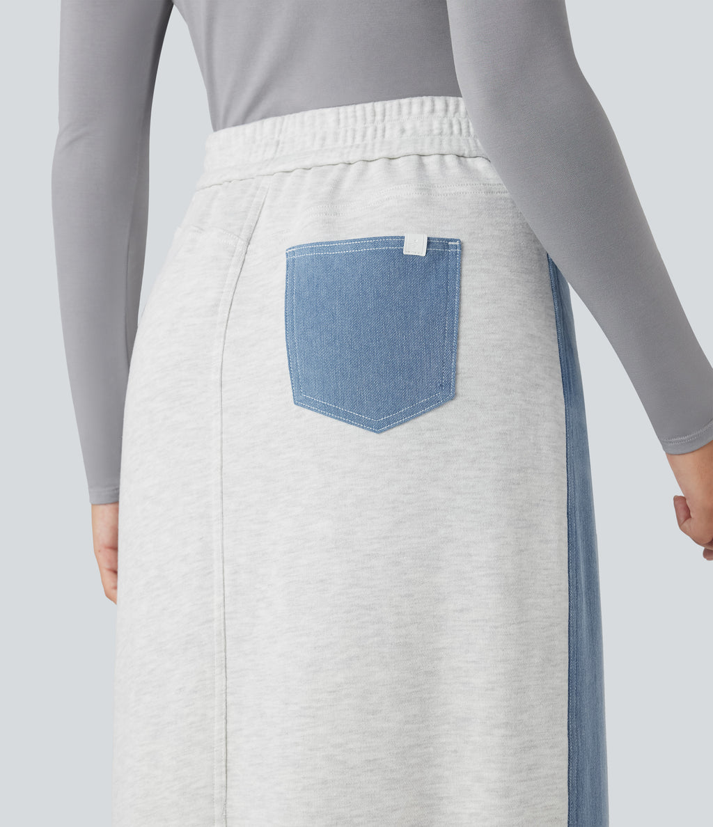 High Waisted Split Midi Color Block Denim Casual Skirt with Pockets — Powder Blue Denim — view 5