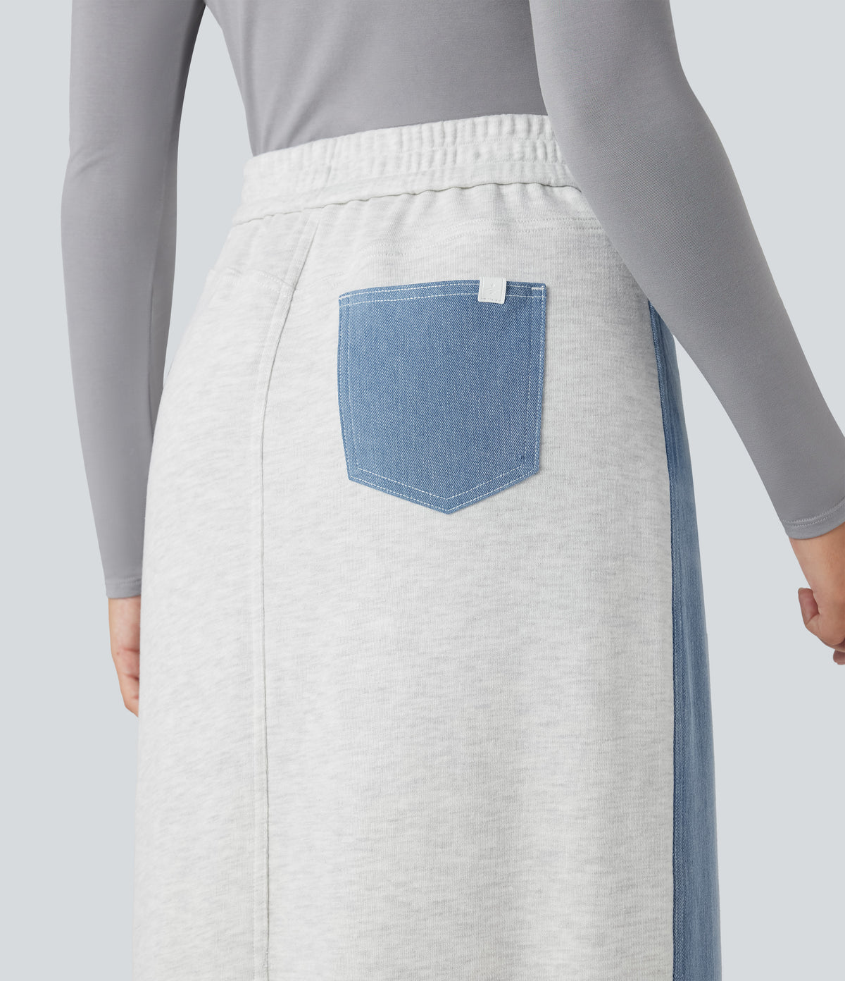 High Waisted Split Midi Color Block Denim Casual Skirt with Pockets — Powder Blue Denim — view 5