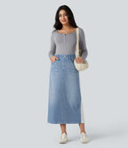 High Waisted Split Midi Color Block Denim Casual Skirt with Pockets — Powder Blue Denim — view 7