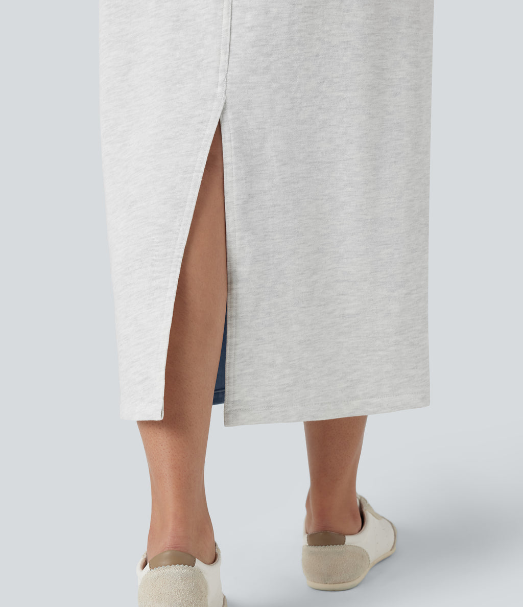 High Waisted Split Midi Color Block Denim Casual Skirt with Pockets — Powder Blue Denim — view 6