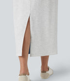 High Waisted Split Midi Color Block Denim Casual Skirt with Pockets — Powder Blue Denim — view 6