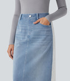 High Waisted Split Midi Color Block Denim Casual Skirt with Pockets — Powder Blue Denim — view 4
