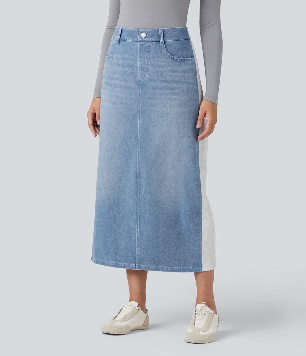 High Waisted Split Midi Color Block Denim Casual Skirt with Pockets — Powder Blue Denim — view 1