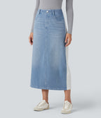 High Waisted Split Midi Color Block Denim Casual Skirt with Pockets — Powder Blue Denim — view 1