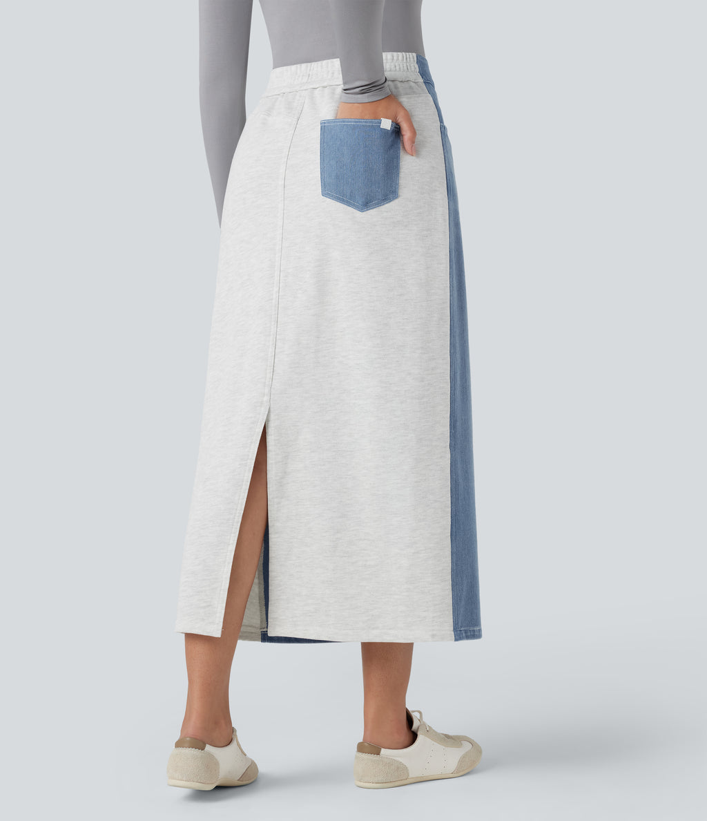 High Waisted Split Midi Color Block Denim Casual Skirt with Pockets — Powder Blue Denim — view 2