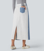 High Waisted Split Midi Color Block Denim Casual Skirt with Pockets — Powder Blue Denim — view 2