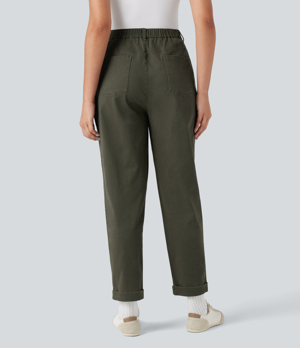 High Waisted Casual Chino Cotton Tapered Trousers with Pockets — Forest Night — view 2
