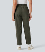 High Waisted Casual Chino Cotton Tapered Trousers with Pockets — Forest Night — view 2