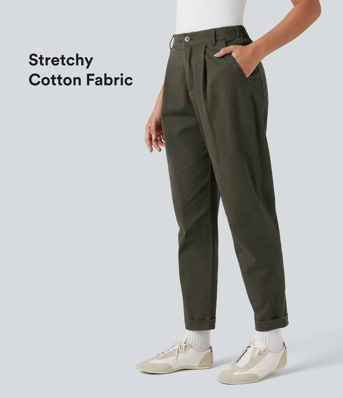 High Waisted Casual Chino Cotton Tapered Trousers with Pockets — Forest Night — view 1