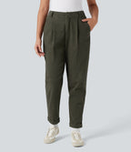 High Waisted Casual Chino Cotton Tapered Trousers with Pockets — Forest Night — view 3