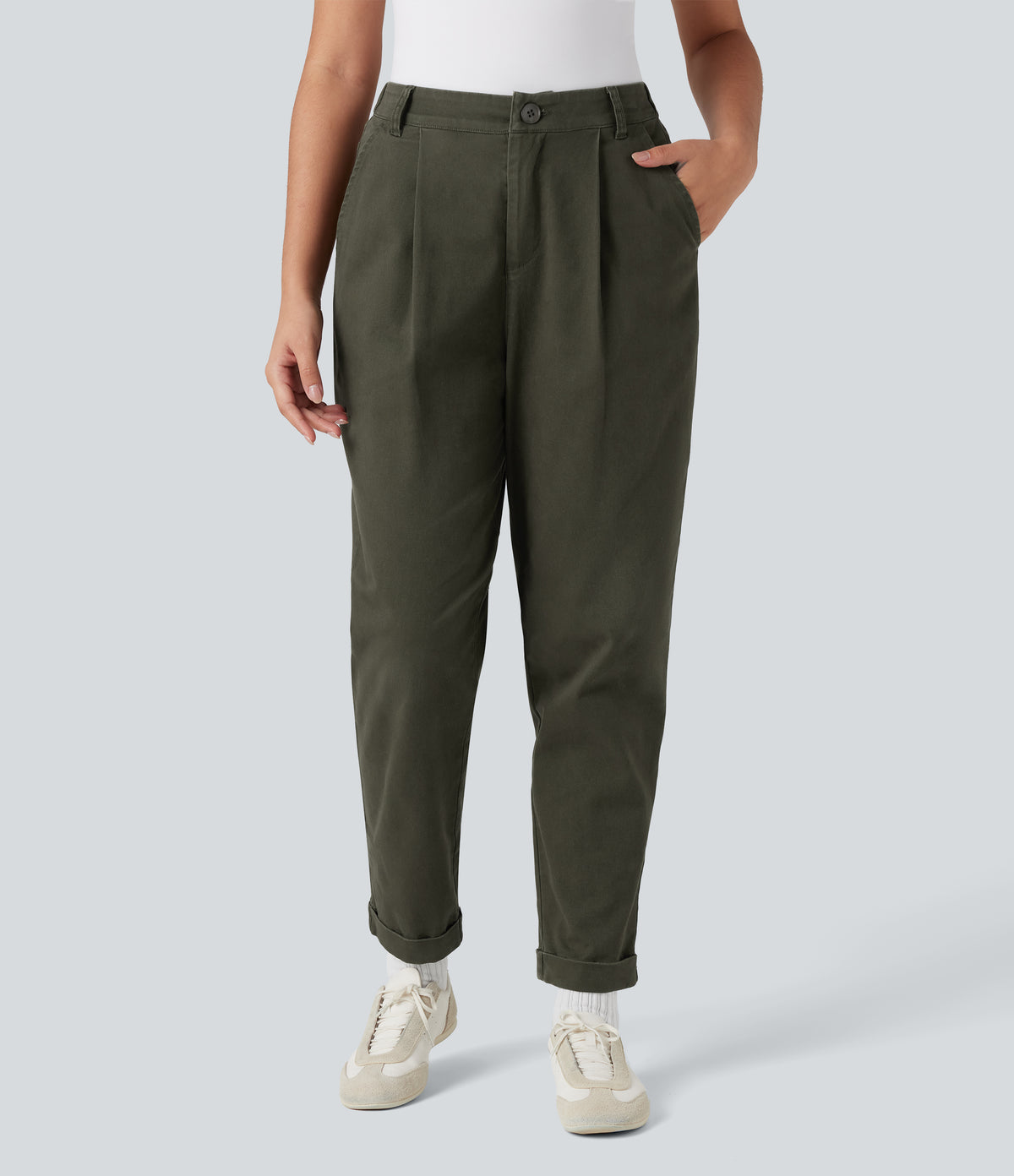 High Waisted Casual Chino Cotton Tapered Trousers with Pockets — Forest Night — view 3
