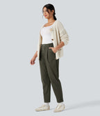 High Waisted Casual Chino Cotton Tapered Trousers with Pockets — Forest Night — view 7