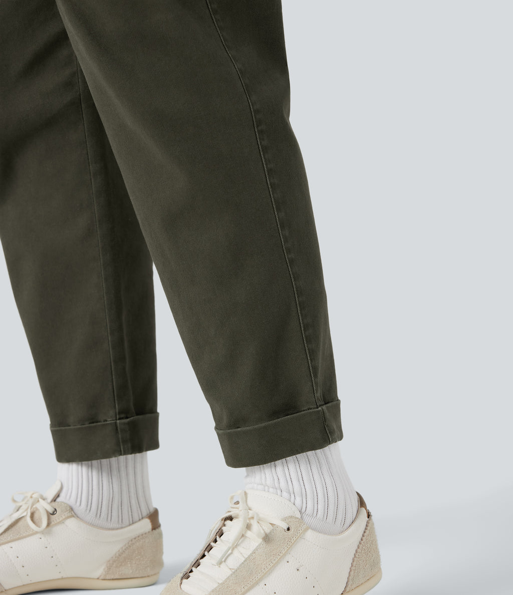High Waisted Casual Chino Cotton Tapered Trousers with Pockets — Forest Night — view 6