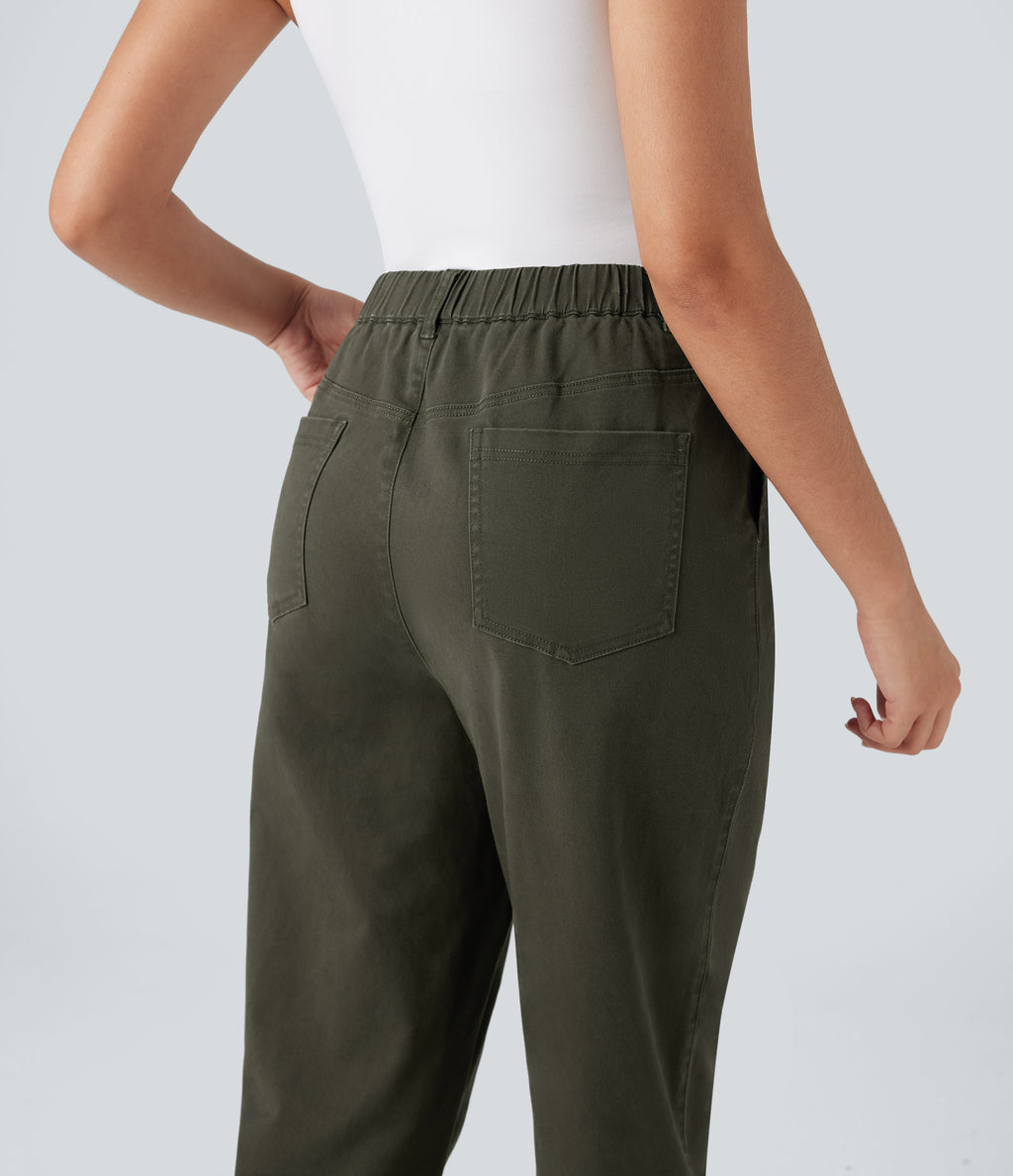 High Waisted Casual Chino Cotton Tapered Trousers with Pockets — Forest Night — view 5