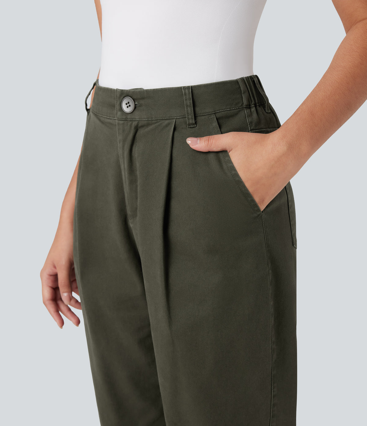 High Waisted Casual Chino Cotton Tapered Trousers with Pockets — Forest Night — view 4