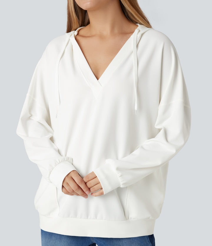 Hooded V-neck Long Sleeve Relaxed Casual Sweatshirt with Pockets — White — view 1