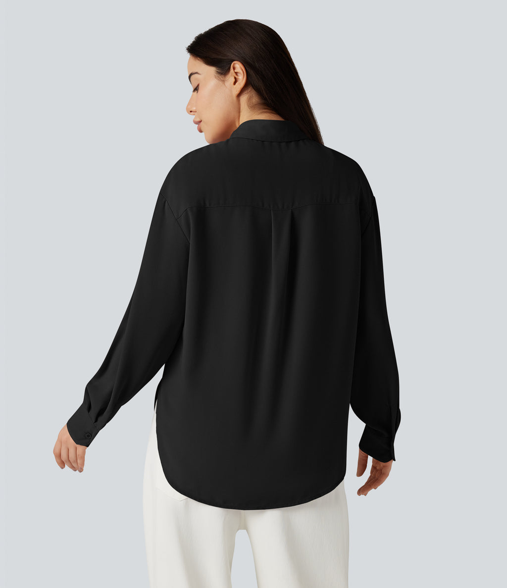 Long Sleeve Curved Hem Casual Shirt with Pocket — Black — view 2