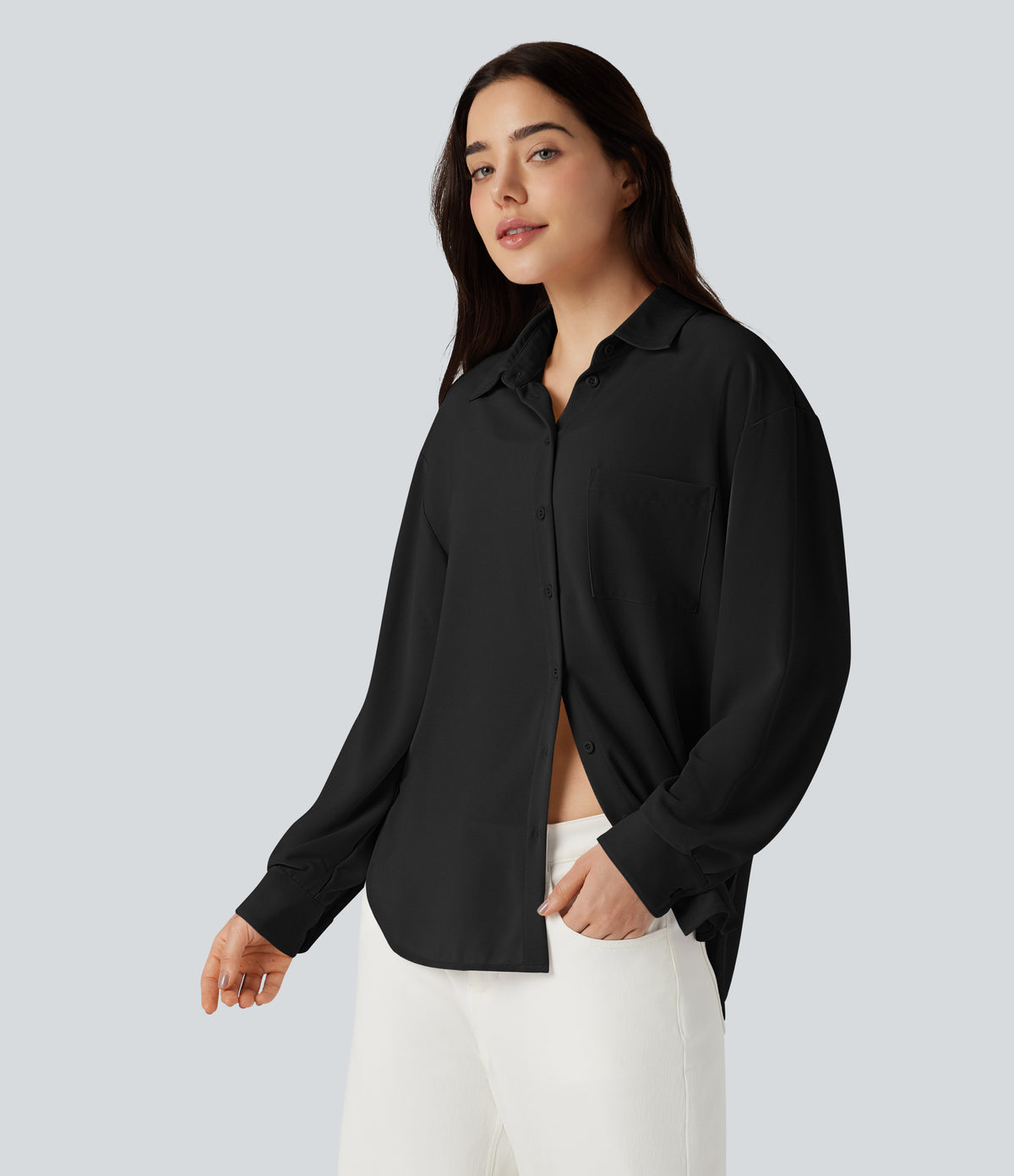 Long Sleeve Curved Hem Casual Shirt with Pocket — Black — view 3