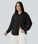 Long Sleeve Curved Hem Casual Shirt with Pocket — Black — view 1