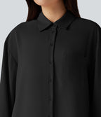 Long Sleeve Curved Hem Casual Shirt with Pocket — Black — view 4