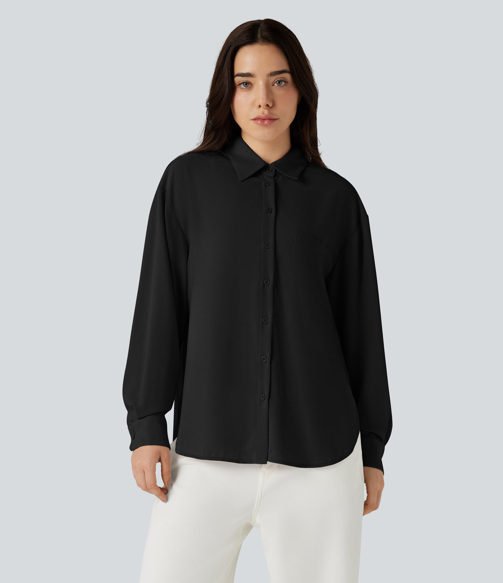 Long Sleeve Curved Hem Casual Shirt with Pocket — Black — view 7