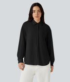 Long Sleeve Curved Hem Casual Shirt with Pocket — Black — view 7