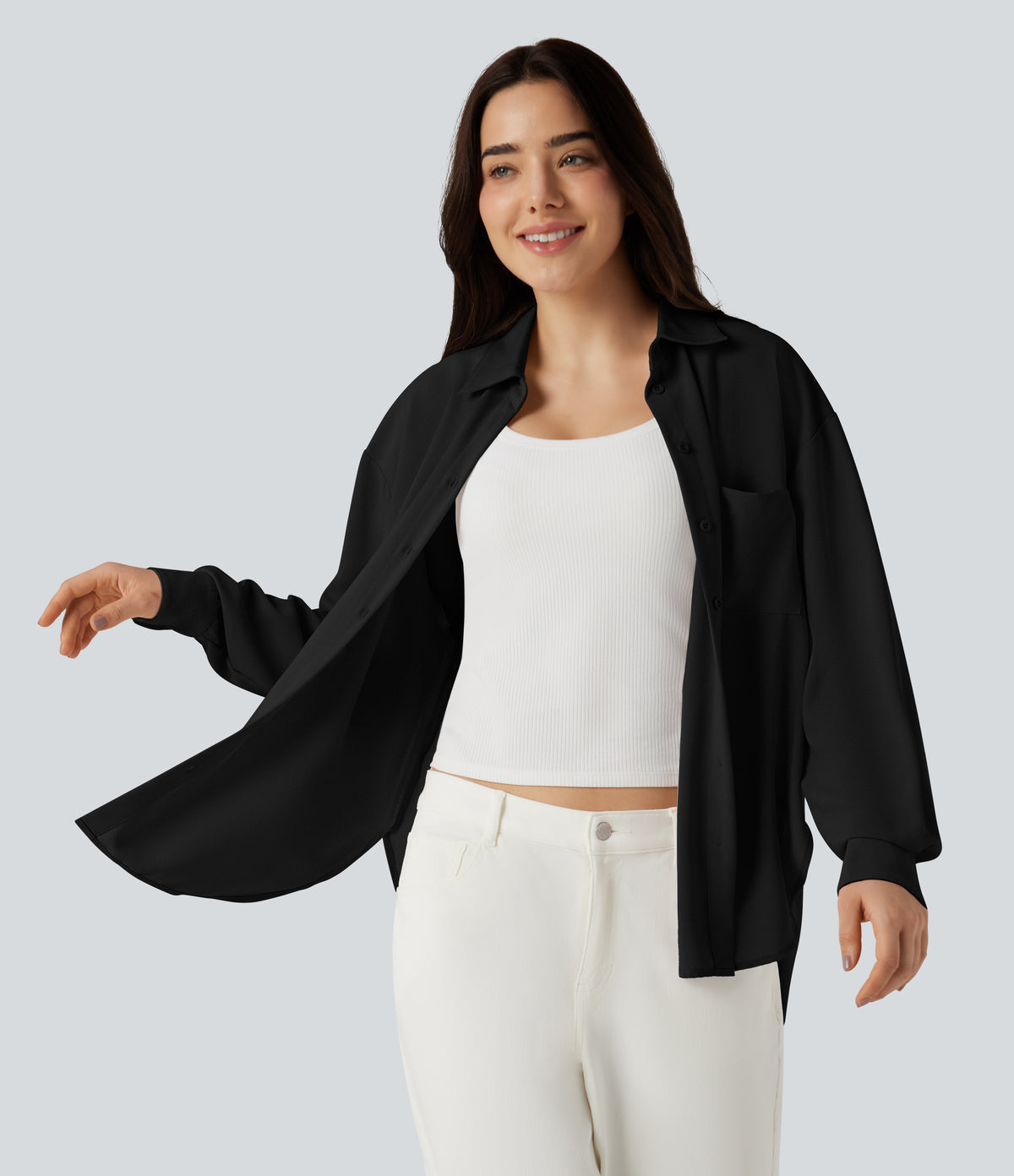 Long Sleeve Curved Hem Casual Shirt with Pocket — Black — view 6