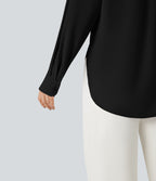 Long Sleeve Curved Hem Casual Shirt with Pocket — Black — view 5
