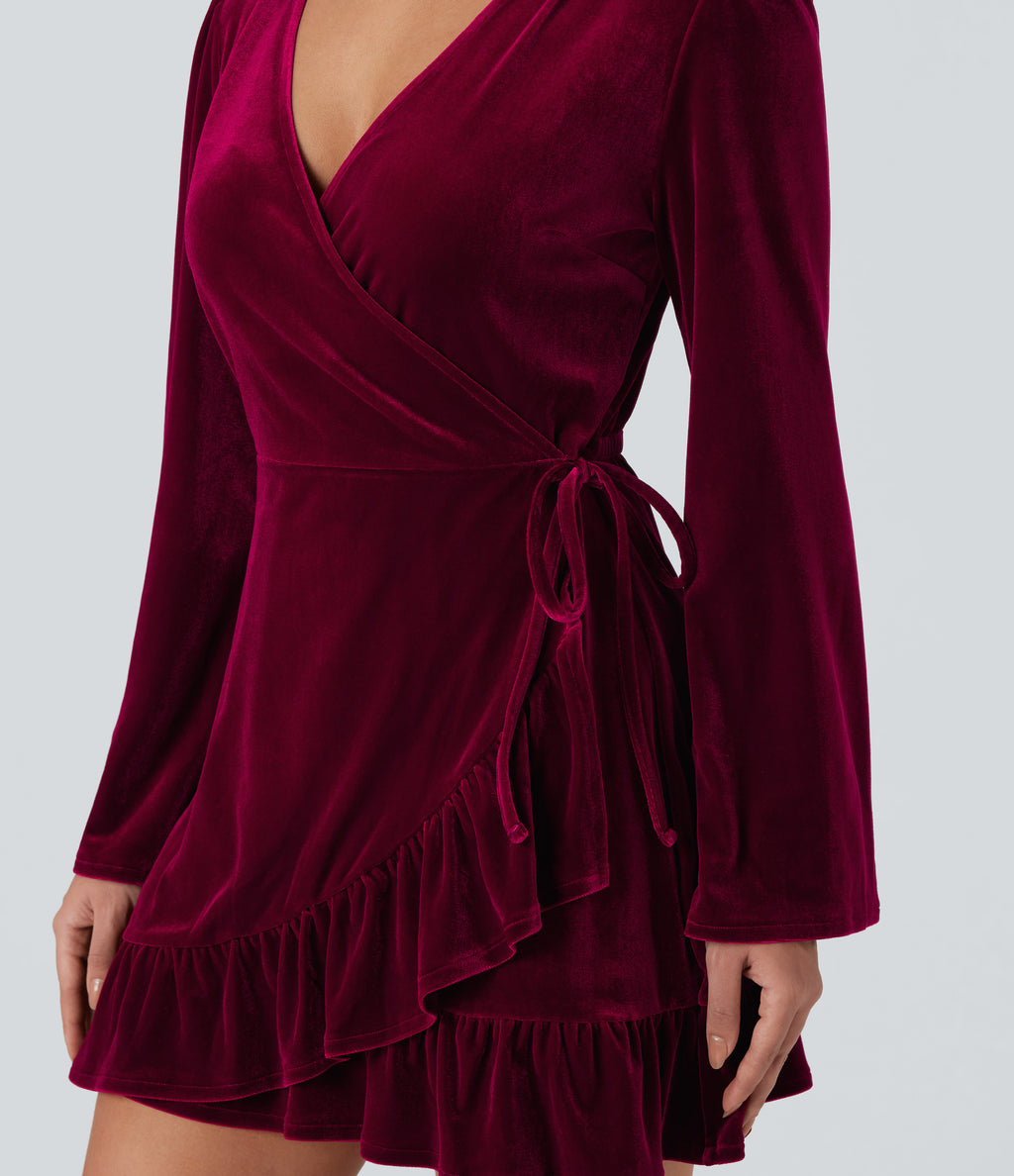 V-neck Long Sleeve Wrapped Ruffle Hem Mini Casual Velvet Dress — Deep Wine — view 5