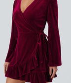 V-neck Long Sleeve Wrapped Ruffle Hem Mini Casual Velvet Dress — Deep Wine — view 5