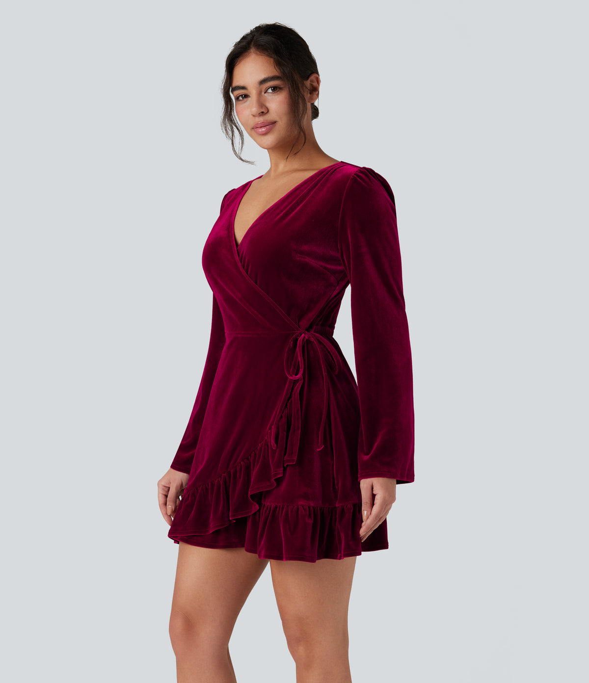 V-neck Long Sleeve Wrapped Ruffle Hem Mini Casual Velvet Dress — Deep Wine — view 4