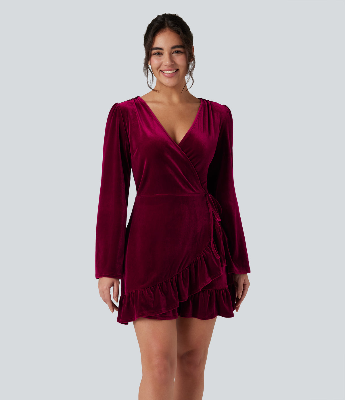 V-neck Long Sleeve Wrapped Ruffle Hem Mini Casual Velvet Dress — Deep Wine — view 2