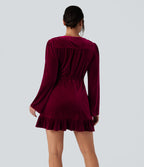 V-neck Long Sleeve Wrapped Ruffle Hem Mini Casual Velvet Dress — Deep Wine — view 3