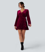 V-neck Long Sleeve Wrapped Ruffle Hem Mini Casual Velvet Dress — Deep Wine — view 1