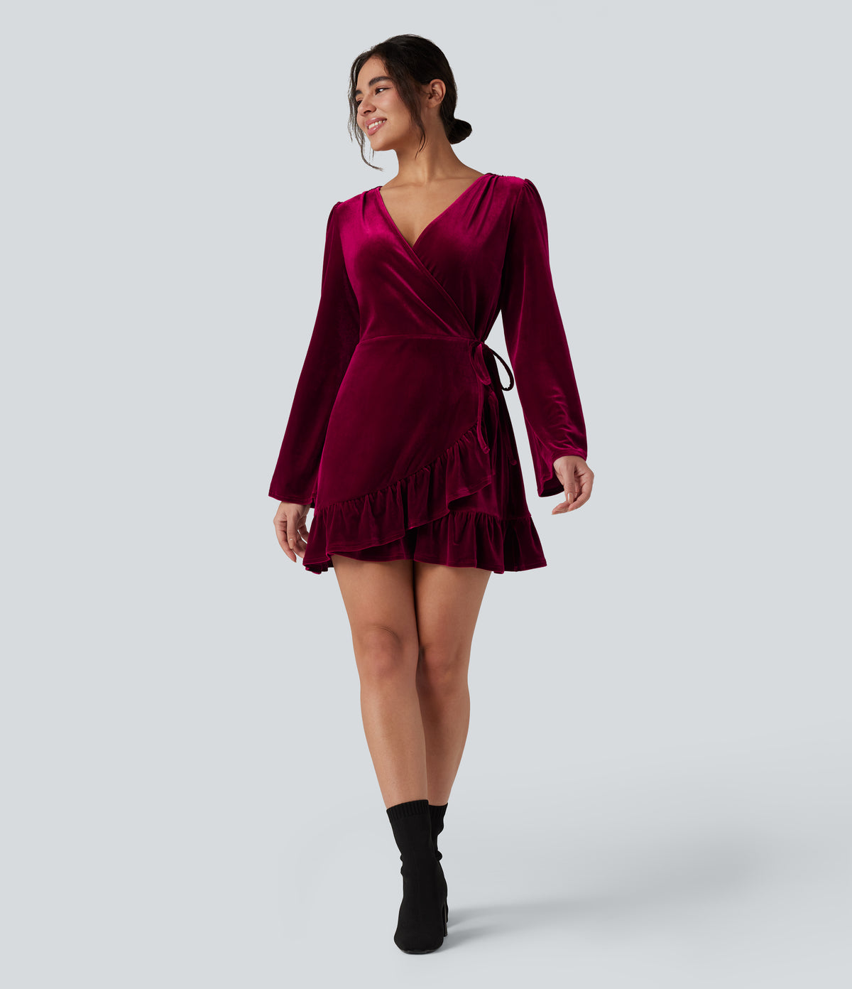 V-neck Long Sleeve Wrapped Ruffle Hem Mini Casual Velvet Dress — Deep Wine — view 1