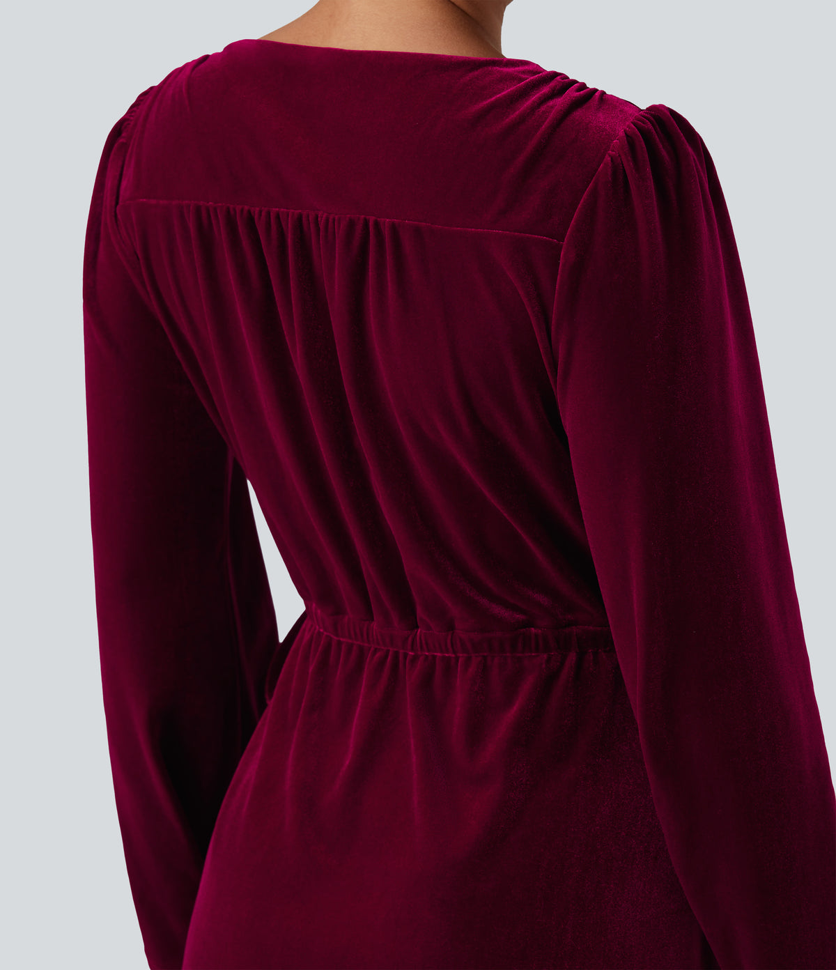 V-neck Long Sleeve Wrapped Ruffle Hem Mini Casual Velvet Dress — Deep Wine — view 6