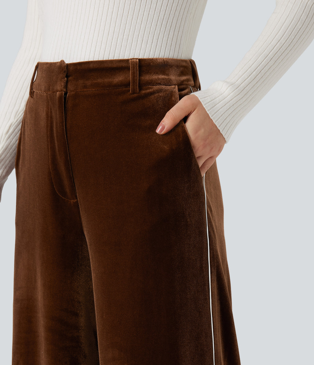 High Waisted Color Block Velvet Straight Leg Casual Trousers with Pockets — Autumn Flame — view 4