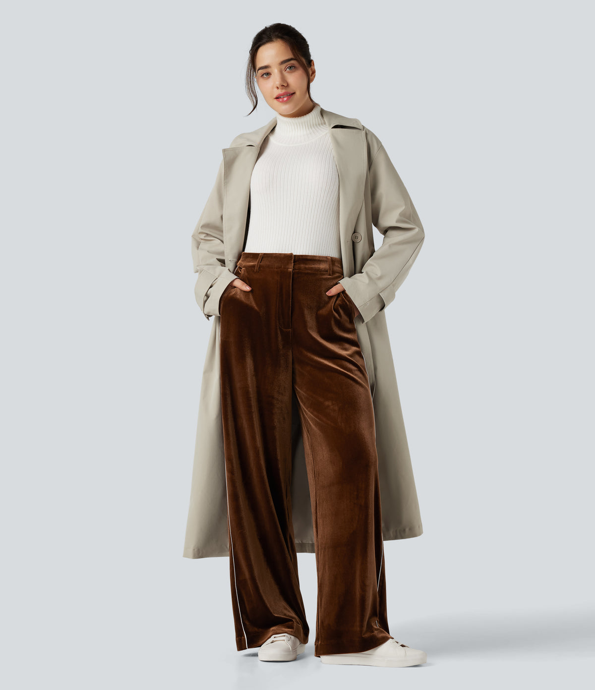 High Waisted Color Block Velvet Straight Leg Casual Trousers with Pockets — Autumn Flame — view 6