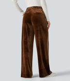 High Waisted Color Block Velvet Straight Leg Casual Trousers with Pockets — Autumn Flame — view 2