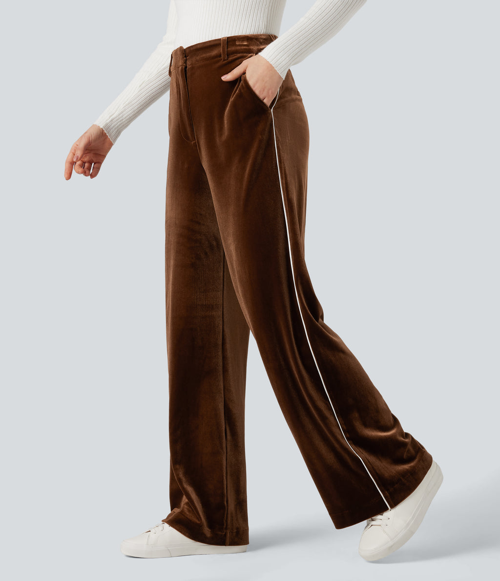 High Waisted Color Block Velvet Straight Leg Casual Trousers with Pockets — Autumn Flame — view 1
