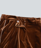 High Waisted Color Block Velvet Straight Leg Casual Trousers with Pockets — Autumn Flame — view 7