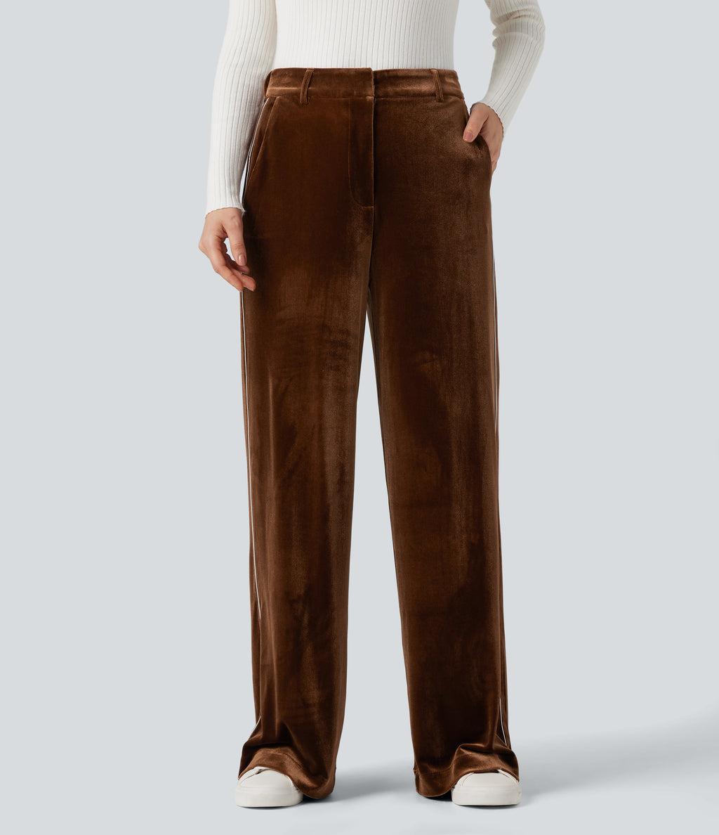 High Waisted Color Block Velvet Straight Leg Casual Trousers with Pockets — Autumn Flame — view 3