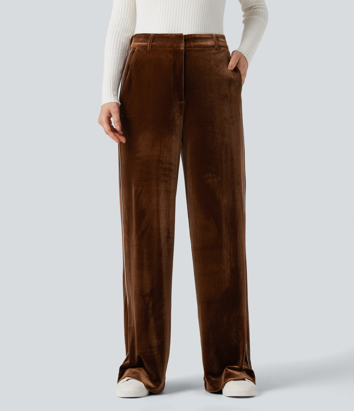 High Waisted Color Block Velvet Straight Leg Casual Trousers with Pockets — Autumn Flame — view 3